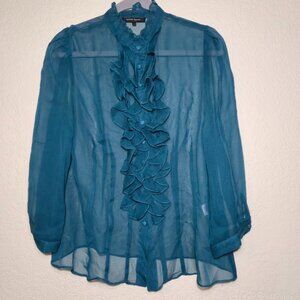 Nanette Lepore 100% Silk Teal Ruffle Blouse Sheer 3/4 Puff Sleeve Size 10
